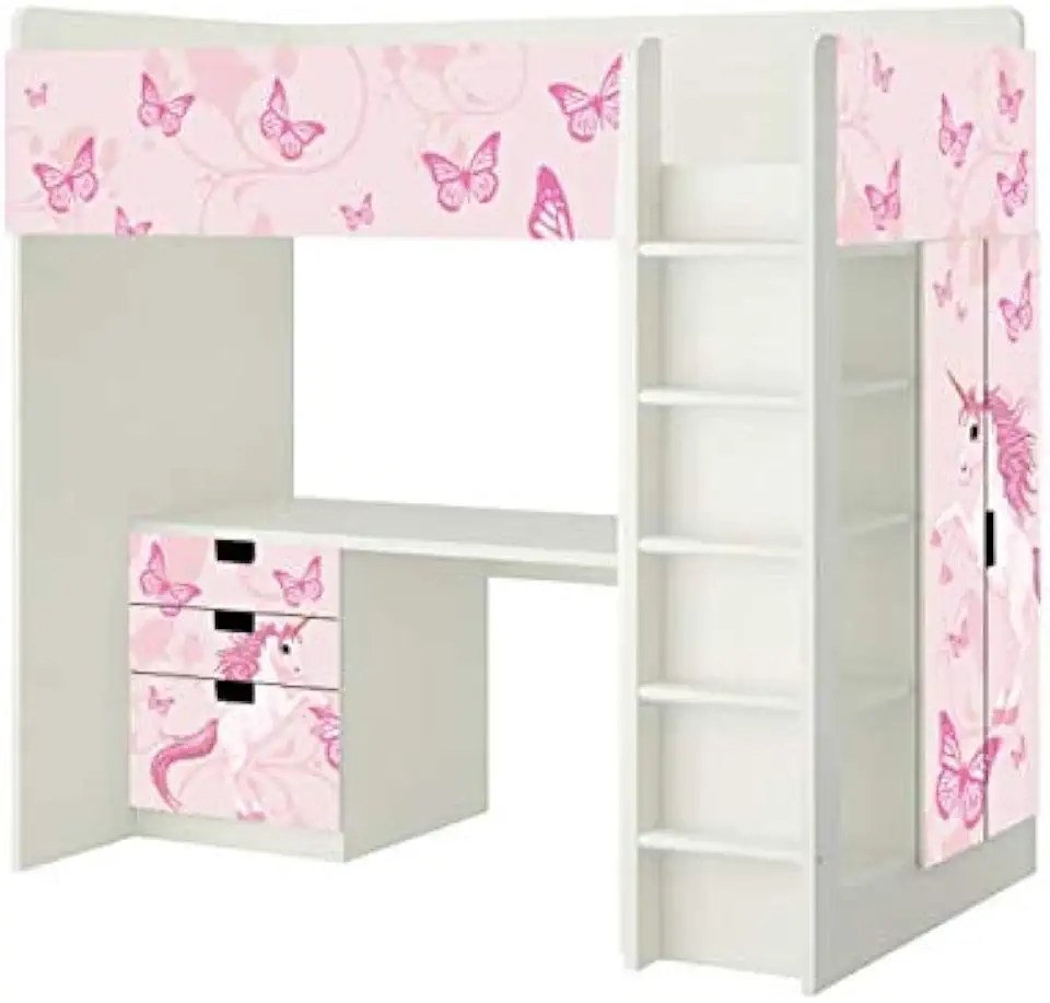 Enhörningsdekal – SH14 – lämplig för barnens rum våningssäng kombination STUVA från IKEA – bestående av våningssäng, byrå (3 fack), garderob och skrivbord – möbler ingår inte till salu  