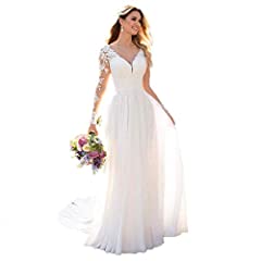 Vestido de novia de gasa para mujer, con manga larga, escote en V, vestido de novia Blanco 48 segunda mano  Se entrega en toda España 