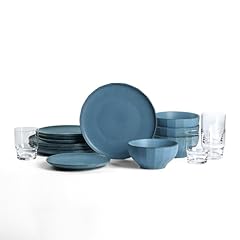 Stone Lain Rio Stoneware 16 Piece Dinnerware Set, Blue Plates and Bowls Sets with Fluted Glass Cups, Textured Dish Set for 4, Microwave & Dishwasher Safe for sale  Delivered anywhere in USA 