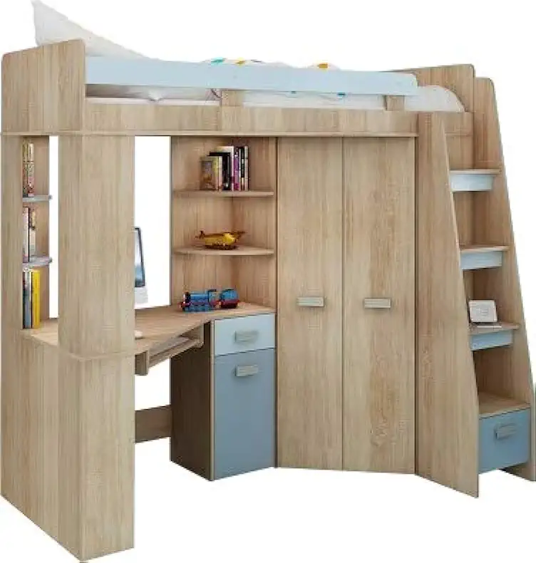 FurnitureByJDM - Hoogslaper met Bureau, Kledingkast en Boekenkast - ANTRESOLA R - (Eiken Sonoma / Hemelsblauw) tweedehands  