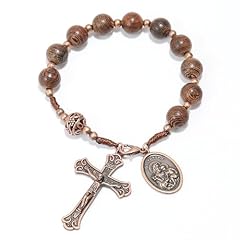 Nazareth Store Wood Beads One Decade Rosary Bracelet Handmade Car Mirror Catholic Prayer Beads with Jesus Cross and St. Joseph Medal Travel-Friendly, Durable Wooden Chaplet for sale  Delivered anywhere in USA 