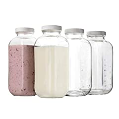 32oz Square Glass Milk Bottle with Lids, Plastic Airtight for sale  Delivered anywhere in Canada