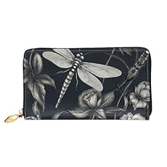 TRSGKSQP Leather Wallet for Women Men Bifold Wallet Ultra Slim Credit Card Holder Black Flowers and Dragonfly Ladies Clutch Purse for sale  Delivered anywhere in UK