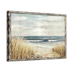 ARTISTIC PATH Abstract Beach Wooden Wall Art: Seashore Artwork with Gold Foil Coastal Painting Framed for Bathroom (16''W x 12''H, Multi-Sized/Material), used for sale  Delivered anywhere in Canada
