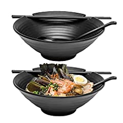 Two Ramen Bowl Set, 6pcs Set with Chopsticks, Black Melamine Bowls with Ladle Spoons and Large 37 oz Noodle Bowl for sale  Delivered anywhere in Canada