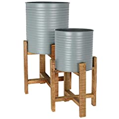 idooka Sage Green Plant Pot Pair Metal with Wood Plant, used for sale  Delivered anywhere in UK