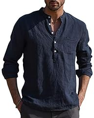 AUDATE Men Summer Cotton Shirt Long Sleeve Henley Shirt for sale  Delivered anywhere in USA 