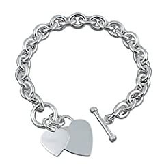 8.25" Inch Double Heart Charm Tag Sterling Silver Bracelet for sale  Delivered anywhere in UK