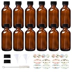 HWASHIN 12 Pack 2 oz Amber Boston Round Glass Bottles with Black Caps for Homemade Vanilla Extract, Essential Oils, Herbal Medicine(1 Brush, 2 Funnels and 24 Pieces Labels Included), used for sale  Delivered anywhere in Canada