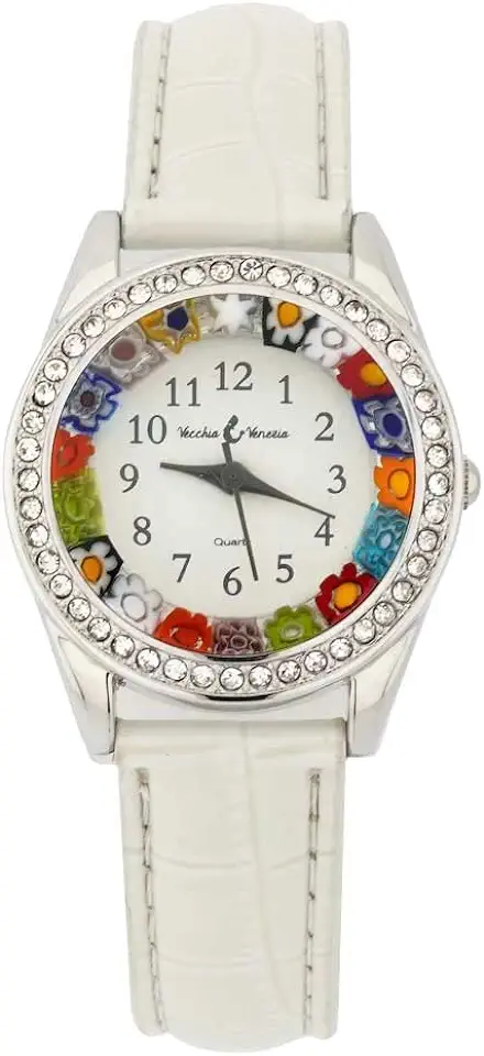 Gebruikt, GlassOfVenice Murano Glas Horloge Millefiori en Kristallen met Lederen Band - Blauw, Kleur: wit. tweedehands  