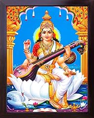 Goddess Maa Saraswati with her Saraswati veena and sitting on lotus flower, Goddess of Knowledge and wisdom, Poster Painting with frame for Worship gaining knowledge and wisdom for sale  Delivered anywhere in Canada