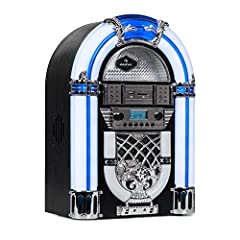 auna Arizona - Jukebox vintage con 2 x 2 Watt RMS, mini jukebox con Bluetooth, illuminazione LED, radio FM, porta USB, lettore CD adatto a MP3, slot SD, legno di quercia, blu usato  Spedito ovunque in Italia 