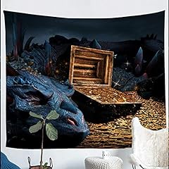 Erosebridal Dragon Treasure Wall Hangings, Ancient Mythical Animal Wooden Box with Gold Coins Adventure Theme Tapestries， Decorative Bedroom Tapestry Breathable Durable, Beach Throws, Blue Gold for sale  Delivered anywhere in Canada