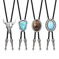 Adramata 4Pcs Bolo Tie for Men Western Cowboy Natural Tiger Eye Leather Necktie Halloween Costume Accessories for Men Women for sale  Delivered anywhere in Canada