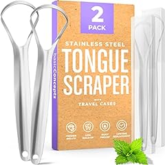 Used, BASIC CONCEPTS Tongue Scraper (2 Pack), Reduce Bad Breath (Travel Cases Included), Stainless Steel Tongue Cleaners, 100% Metal Tongue Scrapers Fresher Breath for sale  Delivered anywhere in USA 