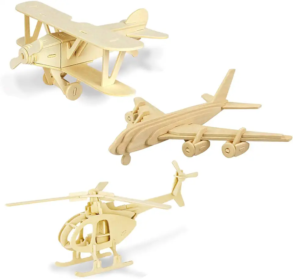 Georgie Porgy Woodcraft Bouw Kits 3D Houten Puzzel Jigsaw Houten Model kits Voor Kids Toy Leeftijd 5+ Pakket Van 3 (Tweedekker Helikopter Civiel Vliegtuig) tweedehands  