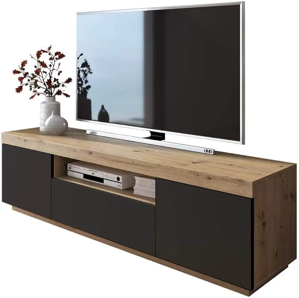 YOSHI tv-meubel eiken Wotan zwarte fronten tv-meubel met lades en Push to Open System tv-meubel, dressoir, lowboard opbergmuur tweedehands  