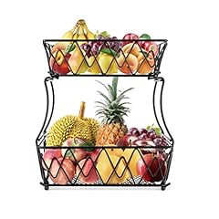 Poetance Fruttiera a 2 piani per frutta a doppio strato Il piatto per frutta in porcellana con griglia in legno può essere utilizzato per bianco 