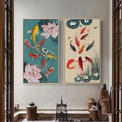 Used, Hoom Decor Painting Nine Koi Fish Canvas Art Prints and Poster Modern Chinese Style Wall Mural for Hall Decoration Paintings 110x55cmx2pcs frameless for sale  Delivered anywhere in Canada