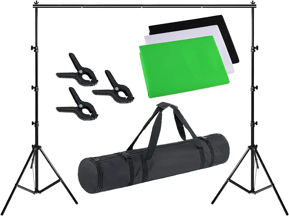 Gebruikt, Aufun Professionele fotostudioset 1,8 x 2,8 m met draagtas en statief, 3 x vliesstof achtergrondstoffen (wit, zwart, groen), foto-uitrusting voor Green Screen Portrait en video-opname tweedehands  