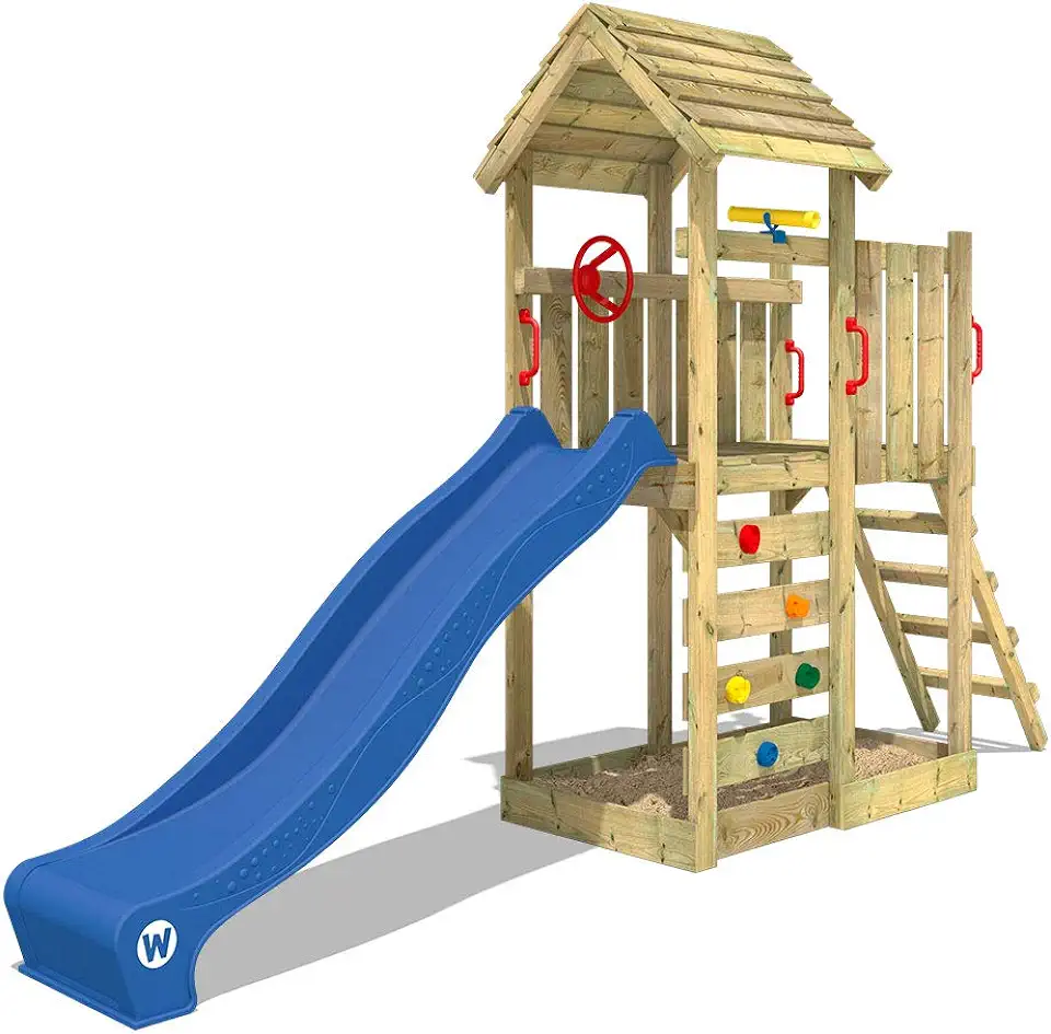 WICKEY JoyFlyer Speeltoren klimrek met blauwe glijbaan, klimtoren met zandbak, ladder en speelaccessoires tweedehands  
