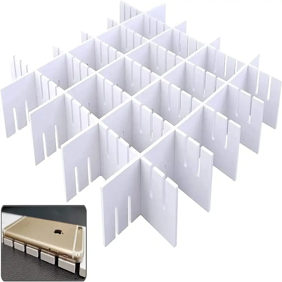 Scheidingswanden voor laden, verstelbaar, van kunststof, 42 x 9 cm, modulair, rooster voor kast of desktop, voor badkamer, keuken of kantoor, orde van sokken en slips (wit) tweedehands  
