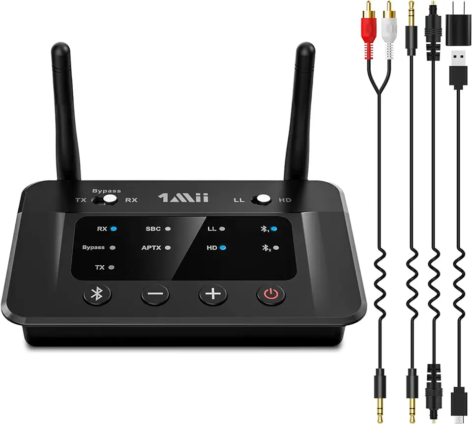 1Mii B03 Bluetooth 5.0 zender zender ontvanger voor tv, aptX HD Low Latency draadloze audio-adapter voor 2 hoofdtelefoons thuisstereo-installatie, groot bereik, digitale optical, AUX, RCA, gebruikt tweedehands  
