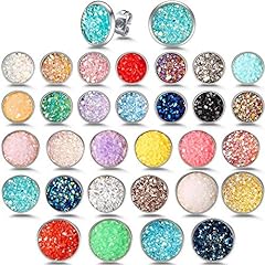 Used, 30 Pairs Round Stud Earrings Stainless Steel Druzy Studs Earrings Set Anti-Sensitive Fits Women Girls, 8 mm, 10 mm, 12 mm for sale  Delivered anywhere in Canada