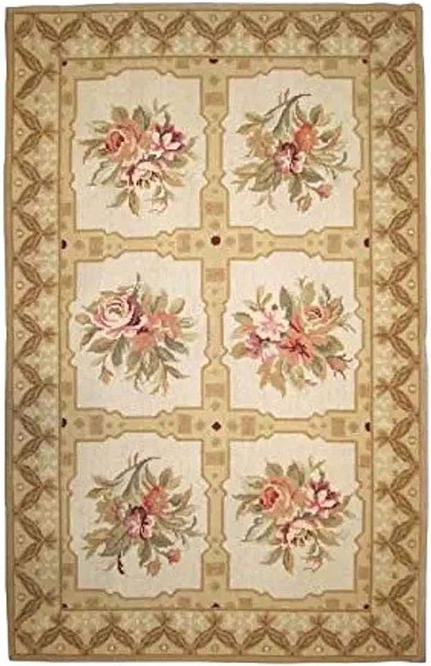 Better & Best tapijt Petit Point Karo met bloemen in het midden, 76 x 122 cm, beige wol, 76,00x122,00x1,00 cm tweedehands  