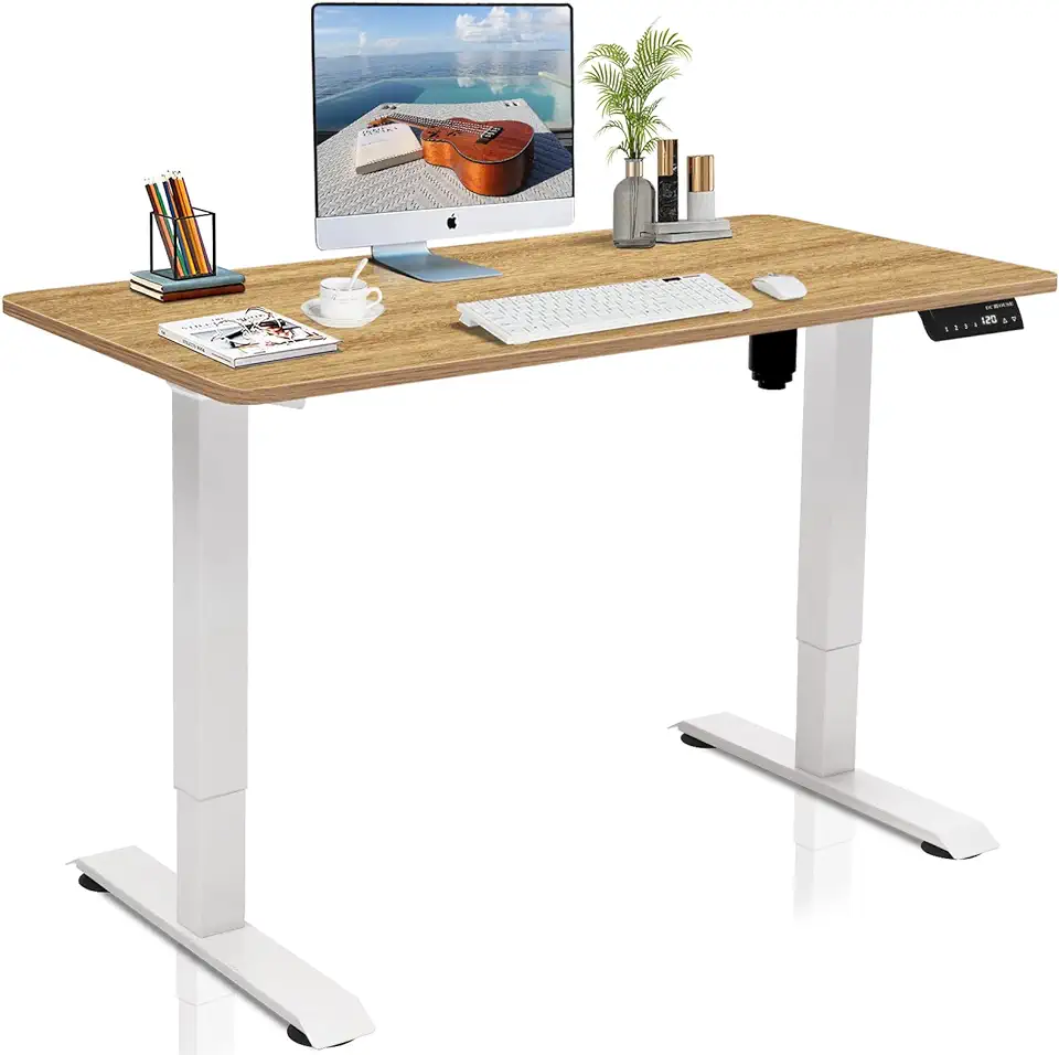 Skrivbord elektriskt höjdjusterbart – skydda din ländrygg – höjdjusterbart skrivbordsbyggsats (vitt ställ + 120 x 60 cm lönnbordsskiva), begagnade till salu  
