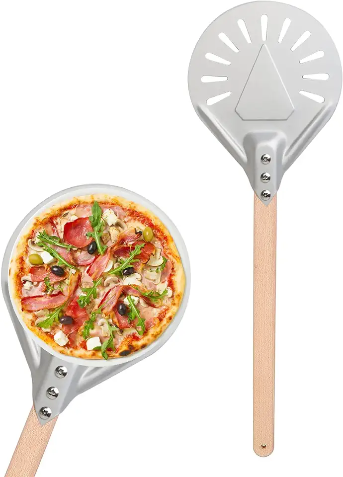 Gebruikt, Difcul Pizzaschep voor het draaien, kleine pizzaschep, kort, rond, pizza-gereedschap, antislip handgreep, 17,8 cm, geperforeerde pizzaschep van aluminium tweedehands  