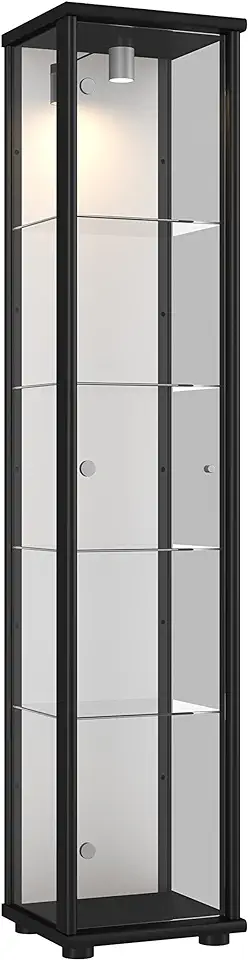 K-Möbel Glazen vitrine in zwart (176 x 37 x 33 cm) met 4 in hoogte verstelbare glazen planken van ESG, met spiegel; verlicht; perfect voor verzamelaars tweedehands  