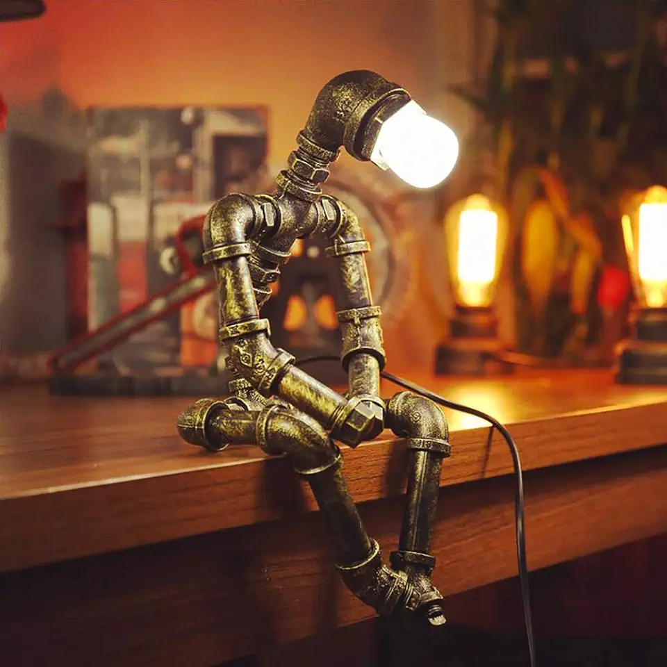 PIPRE Vintage Industrial Tischlampe Steampunk Roboter Schreibtischlampe Rustikale Wasserrohr Schreibtischlampe(Ohne Glühbirne) tweedehands  
