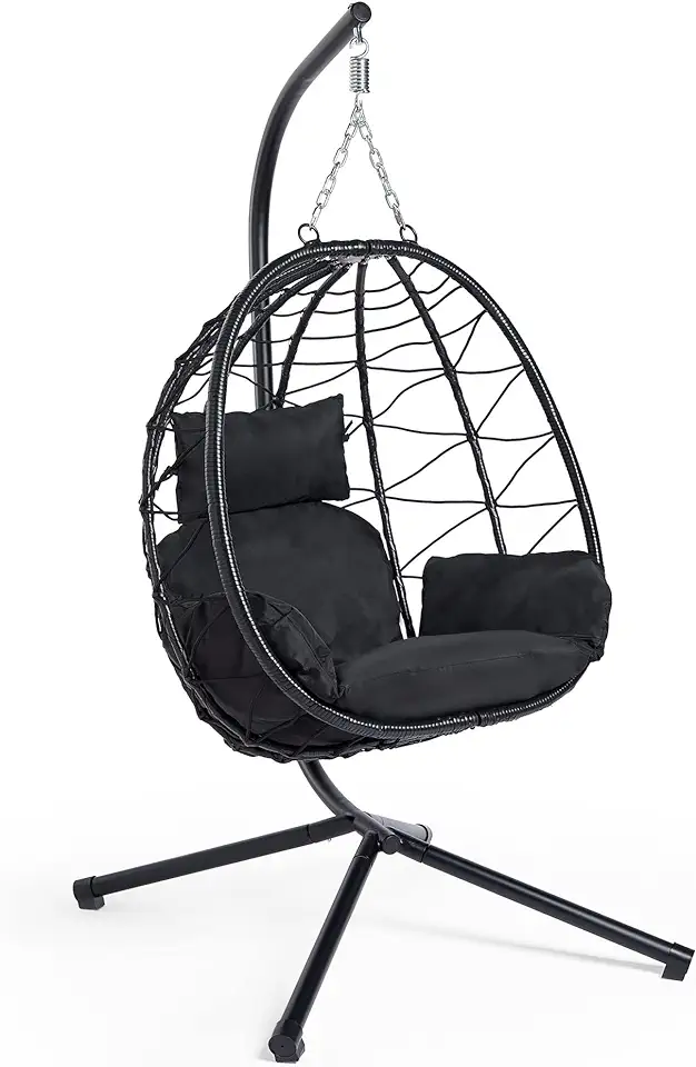 VonHaus Tuin Egg Chair & Stand - Zwarte opvouwbare schommelstoel, Cocoon hangstoel - Rotan Effect 1-zits schommelstoel en comfortabel gewatteerd kussen - opvouwbare draagbare en compacte tuinstoel voor buiten tweedehands  