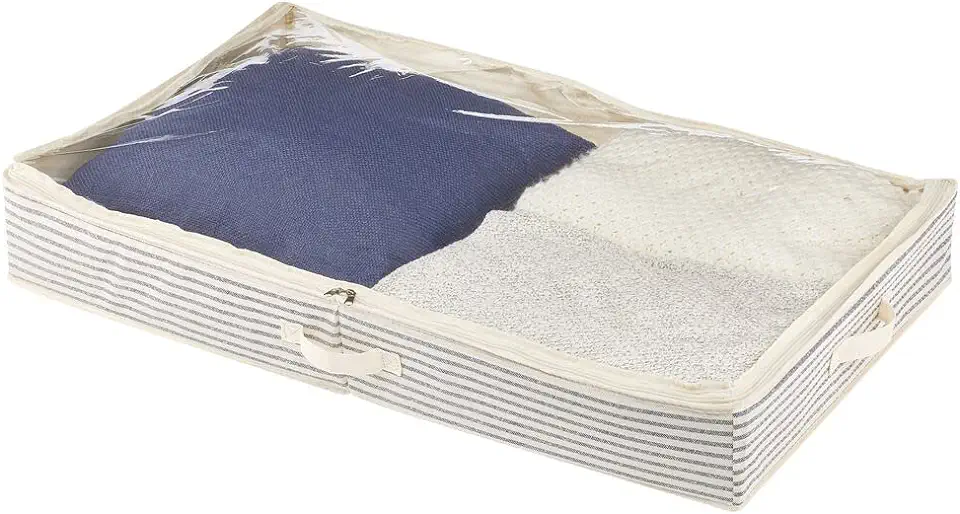 mDesign onder bed opbergbox – opbergzak van stof met doorzichtig venster voor kleding en accessoires – onder bed organizer voor extra opslagruimte in slaapkamer – natuurkleur/blauw, gebruikt tweedehands  
