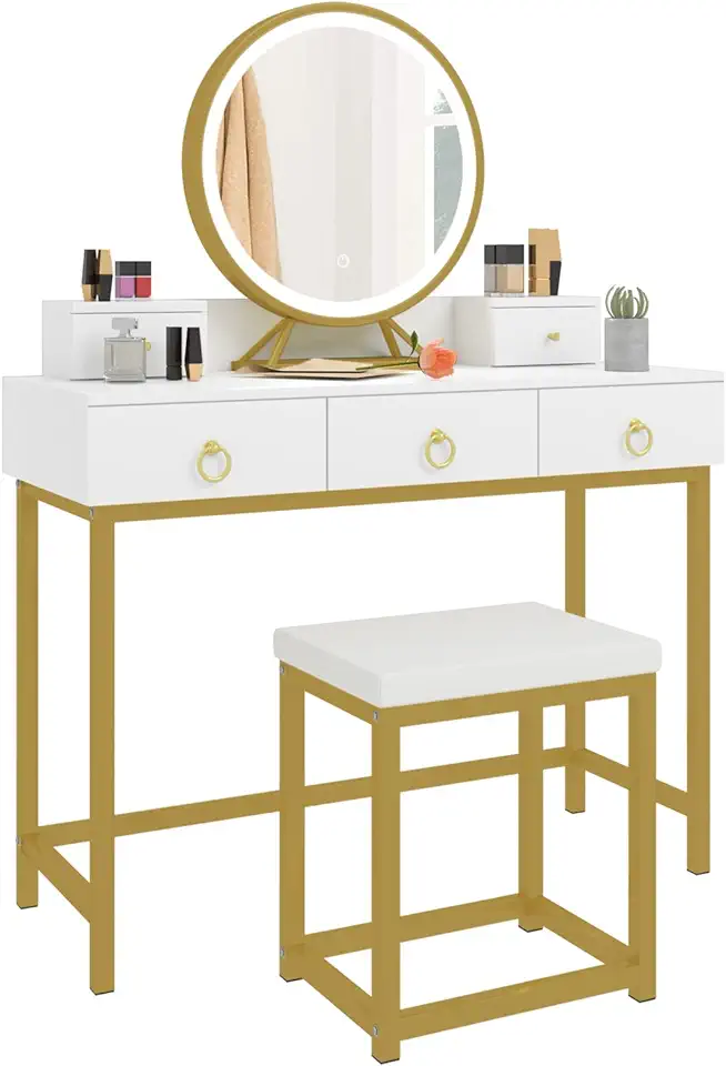 Gebruikt, Lestarain Toilettafel met ledverlichting in 3 kleuren, make-uptafel met spiegel en kruk, 5 laden, 100 x 40 x 140 cm, moderne toilettafel wit LUGIG004 tweedehands  