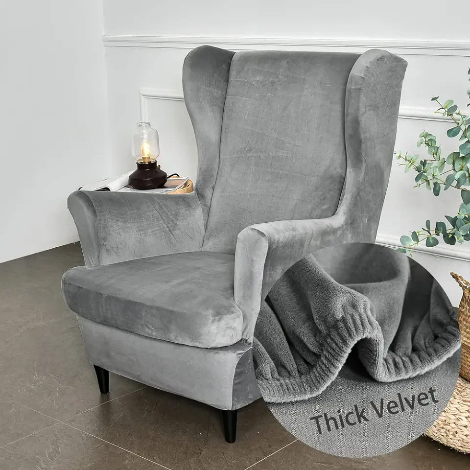 Wingback stoelhoezen 2-delige stretch vleugel stoel slipcover, highdi mode effen kleur fluwelen strandmon sofa cover meubelbeschermer voor fauteuilstoelen woonkamer slaapkamer hotel (grijs) tweedehands  