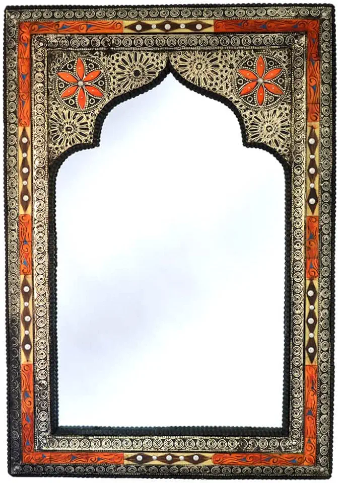 Orient spiegel wandspiegel, spiegel Marokkaans 50x80, spiegel om op te hangen, spiegel decoratie, handgemaakte vintage antiek frame, spiegel groot, spiegel hout, spiegel muur, Arabische spiegel, oranje, gebruikt tweedehands  