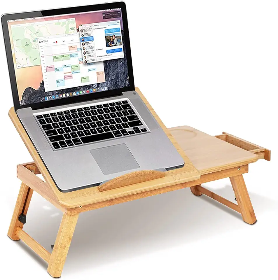 Gebruikt, Ejoyous Laptoptafel, bureau, bamboe, in hoogte verstelbaar, opvouwbare laptoptafel, bedtafel, laptopstandaard met lade en ventilatiesleuven, ontbijtdienblad voor bed of bank tweedehands  