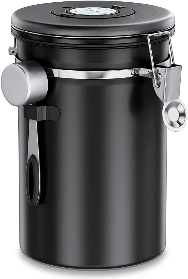ZWOOS Koffieblik luchtdicht 1kg - koffiebonen houder van roestvrij staal met CO2-ventiel - met maatlepel (2,8 l zwart) tweedehands  