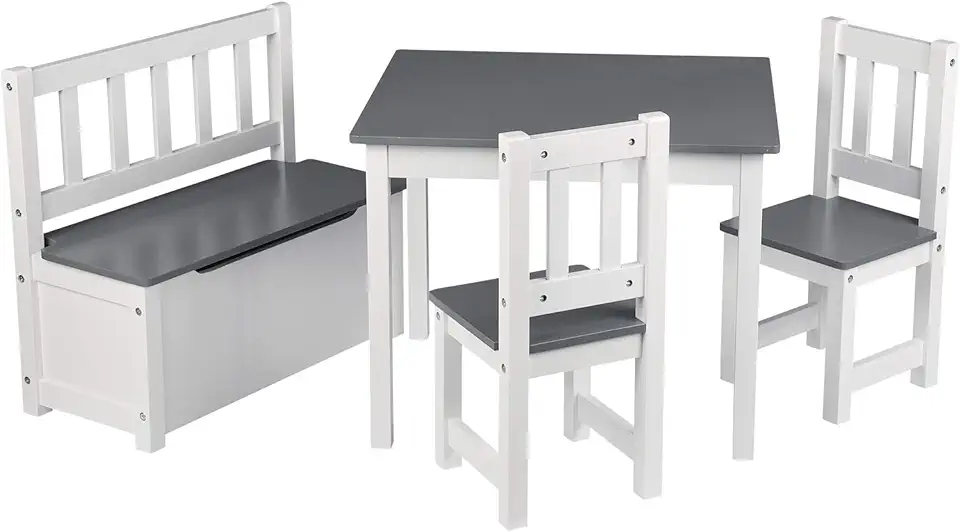 WOLTU 1 Kindertafel met 2 stoelen + 1 Speelgoedkist voor kinderen,Wit+Grijs SG014+SPK001, gebruikt tweedehands  