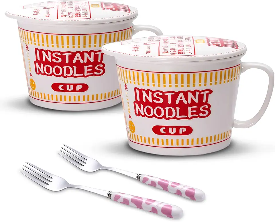 Gebruikt, Ramen Kommen Set met Deksel en Handvat Leuke Instant Ramen Noodle Bowl Anime Keramische Grote Noedelkom Sets Met Vork, Cadeau voor Ramen Liefhebbers (2 STKS, Rood) tweedehands  