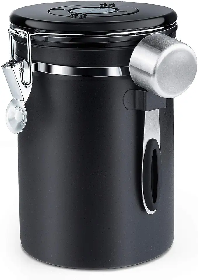 Zwoos Koffieblik luchtdicht - koffiebonen blik van roestvrij staal met CO2-ventiel - met maatlepel - 1,8 l (zwart) tweedehands  