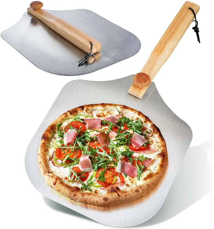 Professionele pizzaschep XXL, aluminium pizzaschuiver met houten handvat, vierkante broodschuiver tweedehands  