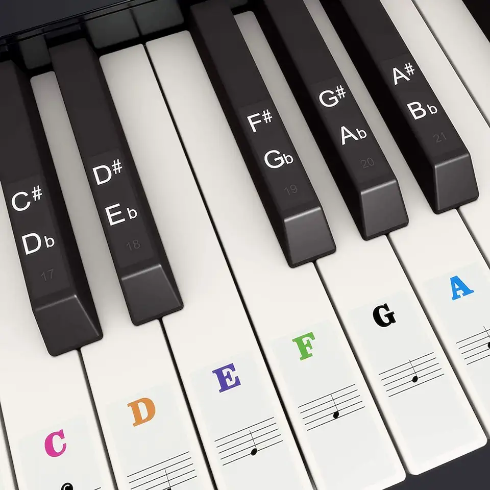 Piano Keyboard Stickers voor 37/49/54/61/88 Toetsen, Fansjoy Kleurrijke Muziek Elektronische Piano Toetsenbord Opmerking Stickers voor kinderen Beginners, Transparant en Verwijderbaar tweedehands  