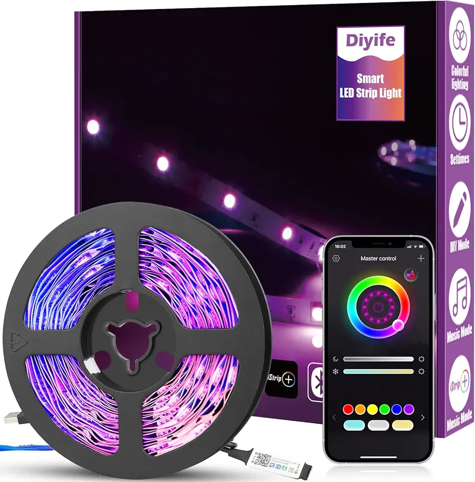 Diyife 6M LED-strip [App Smart Control], RGB LED-strip Bluetooth-Verbinding, USB-interface Fairy Lights-tape, Muziek/Stem Synchroniseren Kleurverandering DIY TV, Bank, Gordijn tweedehands  