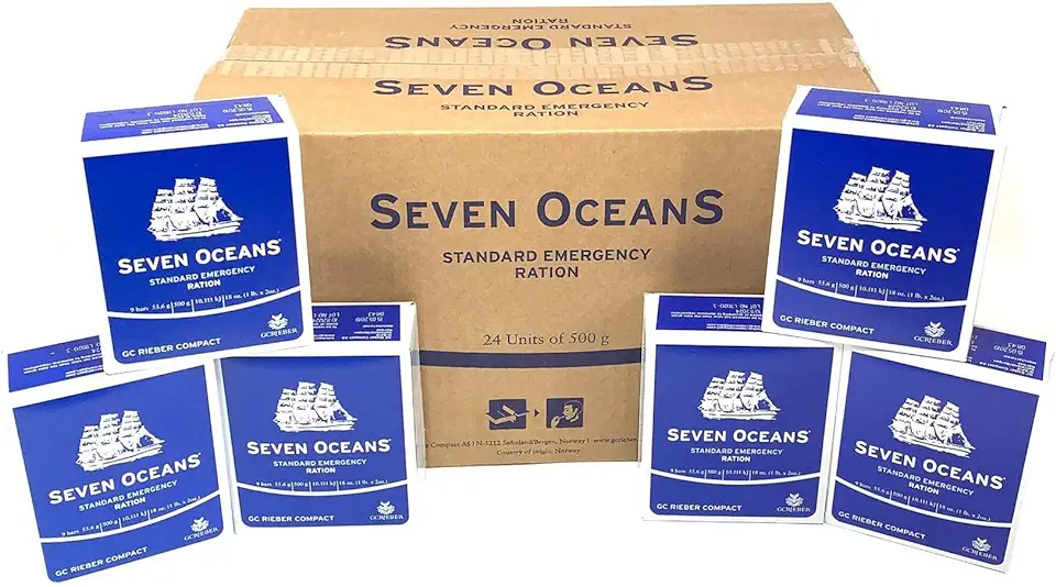 Seven Oceans noodrantsoen/lang houdbaar voedsel/koekjes / 24 x 500g in doos / 60.000 kcal tweedehands  