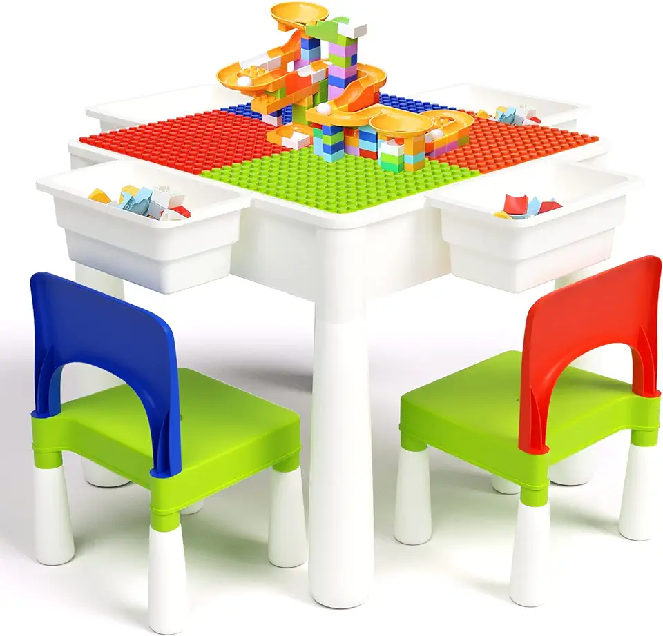 FAYDUDU 5-in-1 kindertafel en stoelset multi-activiteitentafel met 2 stoelen omvatten 120 stuks grote maten blokken spelen en bouwen tafel set met opslag (rood blauw) tweedehands  