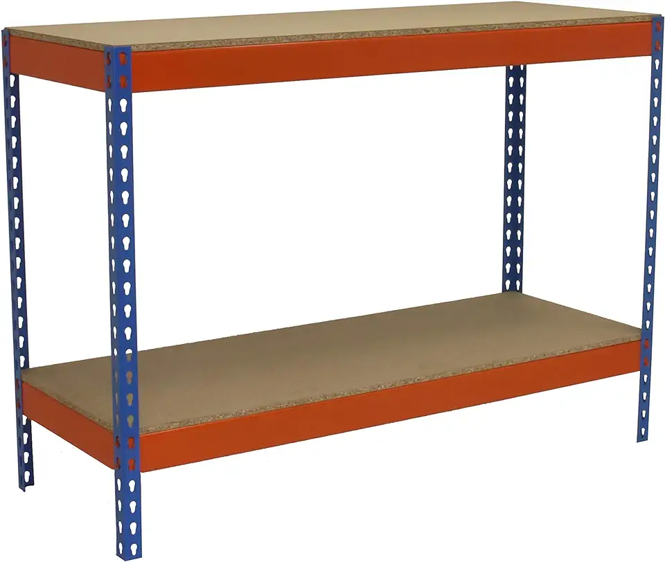 Gebruikt, Simonwork Basic werktafel met 2 legplanken, blauw/oranje/hout, 900 x 1200 x 750 mm, werkbank, basic tafel met 400 kg draagkracht per rek. tweedehands  