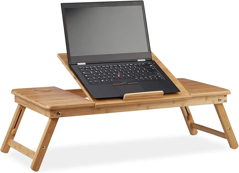 Gebruikt, Relaxdays, Natuurlijke laptoptafel bamboe XL, ideale ventilatie, in hoogte verstelbaar, 5 hellingshoeken, laptoptafel met lade, standaard tweedehands  